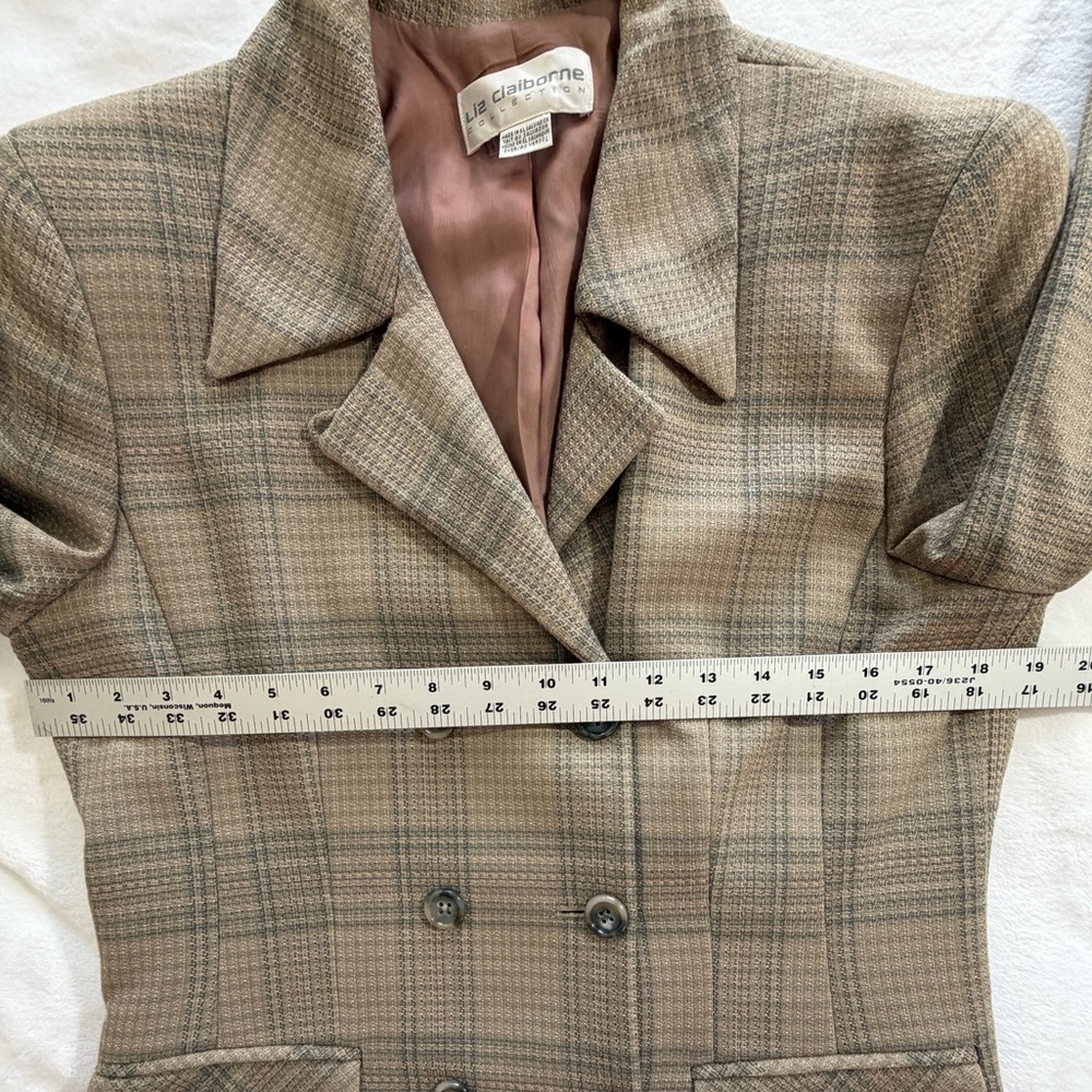 Liz Claiborne Blazer Wool double breasted beige gray plaid size 8 - Picture 7 of 16